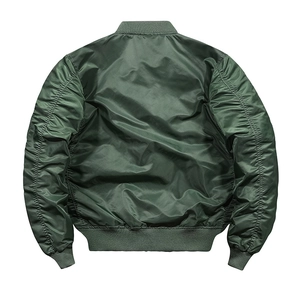 Rear view of Sage Green MA-1 bomber jacket featuring signature ruched sleeves and ribbed trim