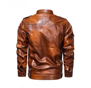 Rear view of dark brown washed PU leather jacket with shoulder straps and buckle hem