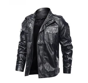 Front view of black washed PU leather jacket with snap collar and metal zipper details