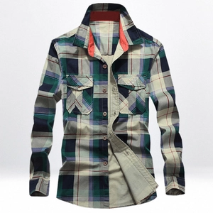Men's cotton plaid long sleeve shirt with navy green check pattern and breast pockets
