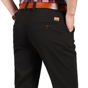 Men's black casual cotton trousers with back pocket detail and stylish belt accent