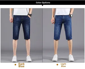 Detail showing deep blue and light blue denim shorts with classic washed texture