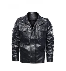 Detail view of black PU leather jacket with military pockets and shoulder epaulettes