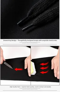 Detail of adjustable drawstring with metal tips and scratch-resistant fabric on black joggers