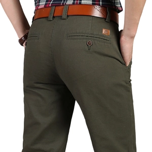 Men's relaxed fit army green cotton chinos with a brown leather belt and back pocket detail