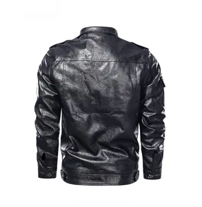 Back view of a men's black PU leather jacket with shoulder epaulets and adjustable buckles