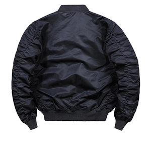 Back view of black bomber jacket featuring ruched sleeves and ribbed trim details
