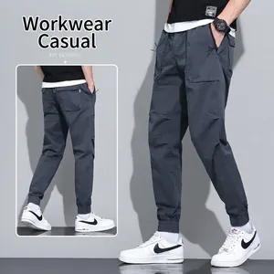 Pantalon cargo bleu gris pour homme avec taille à cordon et poches multiples