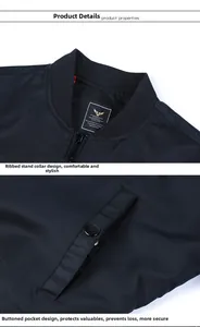 Detail of black flight jacket featuring ribbed stand collar and snap button side pocket