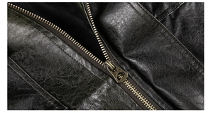 Macro detail of high-quality washed PU leather jacket with vintage metal zipper