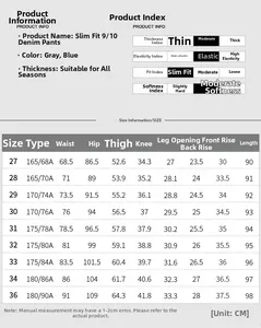 Detailed size chart for slim fit stretch jeans showing measurements for grey and blue denim