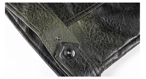 Detail of distressed PU leather jacket showing vintage texture and embossed metal button