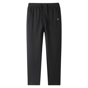 Men's black cotton loose straight sports pants with elastic drawstring waist and side pockets