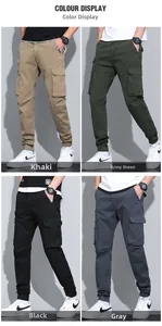 Detail view of cotton cargo joggers showing multi-pocket design in four different colors