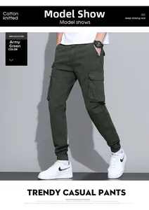 Detail of army green cargo pants featuring functional large side pockets and ribbed cuffs