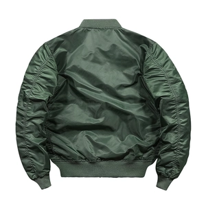 Men's army green MA-1 flight jacket featuring a glossy nylon shell and ribbed trims