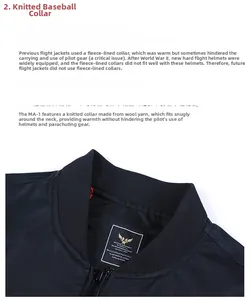 Detail view of MA-1 flight jacket with knit baseball collar and metal zipper closure