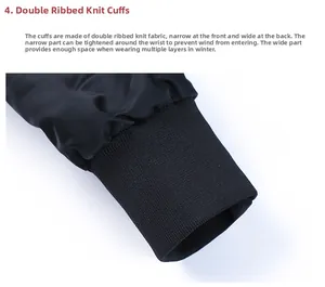 Detail of black flight jacket cuffs featuring thick double-ribbed knit for windproof warmth
