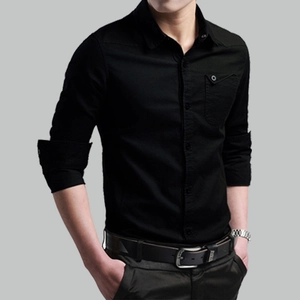 Slim fit black long sleeve cotton shirt for men featuring a buttoned chest pocket