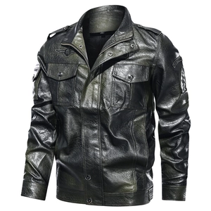 Men Vintage PU Leather Jacket Retro Locomotive Multi Pockets Stand Collar Embroidered Patch Faux Leather Outwear Fashion Coat