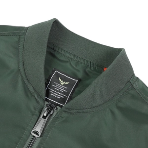 Army green MA-1 bomber jacket with ribbed collar and black metal zipper details
