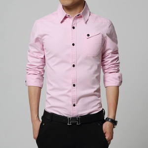 Men's slim fit pink long sleeve cotton shirt with classic pointed collar and chest pocket