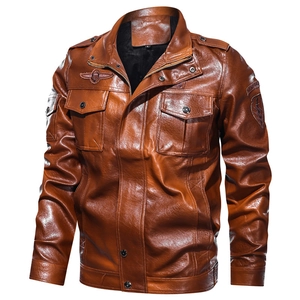 Men's brown washed PU leather jacket with stand collar, shoulder epaulets and vintage patches