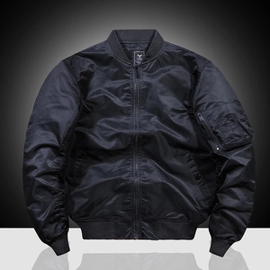 Classic black MA-1 bomber jacket for men featuring ribbed collar and functional sleeve pocket