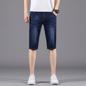 Men Summer Denim Shorts Slim Fit Stretch Cotton Denim Shorts Washed Whiskers Mid Waist Straight Leg Shorts For Men Casual