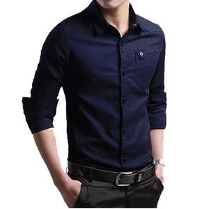 Men's navy blue long sleeve slim fit cotton shirt with buttoned chest pocket on white background
