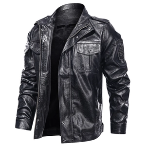 Men's black washed PU leather biker jacket with stand collar and warm fleece lining