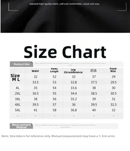 Size guide table for men cargo pants showing waist and length from sizes M to 5XL