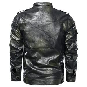 Men's vintage black PU leather motorcycle jacket with olive distressed finish, back view