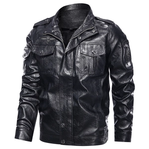 Classic black wash PU leather motorcycle jacket with stand collar and wing badge