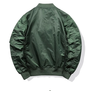 Back view of classic army green bomber jacket with high-density windproof nylon fabric