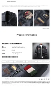 Detailed view of black faux leather jacket featuring military embroidery and size chart