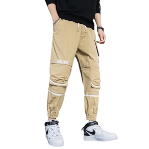 Pantaloni cargo kaki da uomo con tasche multiple, coulisse e caviglie a costine