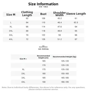 Detailed size chart for men's PU leather motorcycle jacket from size M to 4XL