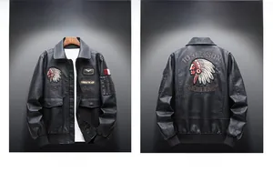 Front and back detail of black PU leather jacket with Indian head embroidery and patches