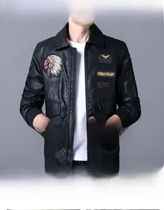 Detailed close-up of vintage embroidery patches on a black men's biker leather jacket
