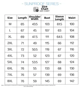 Tableau des tailles détaillé pour vêtements de protection solaire de M à 8XL