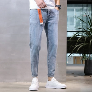 Men Slim Fit Stretch Jeans Spring Summer Light Blue Grey Washed Denim Tapered Small Leg Pants Fashion Casual Ankle Length Cotton Denim Trousers