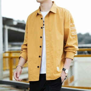 Men's mustard yellow cotton long-sleeve shirt with letter print and double pockets