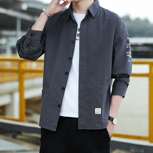 Men's dark grey cotton utility shirt with long sleeves and dual chest pockets