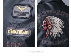 Detailed close-up of high-quality black leather jacket featuring tactical military embroidery