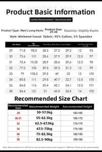 Detailed size chart for men cargo pants showing measurements for sizes 29 to 38 in cm