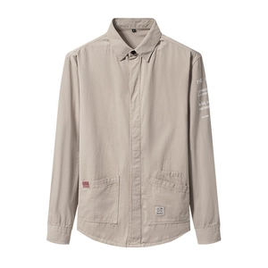 Men's khaki cotton long sleeve shirt jacket with cargo pockets and letter print