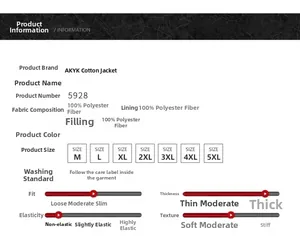 Detailed size chart and fabric specs for men's heavy padded winter work jacket