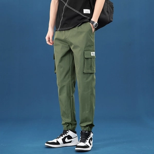Army green cargo pants for men featuring multi-pocket design and elastic ribbed cuffs