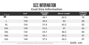 Detailed size chart for men's hooded workwear parka jacket from size M to 5XL